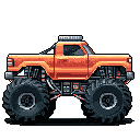 This pixel art showcases a vibrant orange monster truck with detailed tires and engine, rendered in a bold, nostalgic style. Its powerful presence is amplified by the stark contrast of the black background, highlighting every pixelated detail.