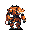 A bored-looking, realistic tiger head tops a detailed, orange and black robotic suit of armor, creating a humorous juxtaposition of fierce animal and retro-futuristic machine. This pixel art robot tiger stands upright, showcasing a blend of organic and mechanical design.