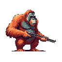 This pixel art features an orangutan gripping a double-barreled shotgun, its neutral expression adding to the unexpected and slightly unsettling juxtaposition. The warm color palette highlights the ape while emphasizing the cold, metallic weapon.