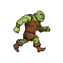 This pixel art depicts an orc-like figure in mid-stride, its muted green skin and crude armor suggesting a gritty fantasy character. The isolated design and dynamic pose evoke classic 8-bit game sprites.