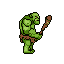 A menacing orc or goblin sprite, rendered in classic pixel art, stands ready with a crude club, its posture and features suggesting a primitive and hostile presence. The earthy green tones and simple design evoke a nostalgic feel reminiscent of retro video games.