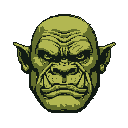 This pixel art portrait captures the intimidating head of an orc, rendered with striking detail using a limited green palette. The stern expression and prominent tusks evoke a sense of power and ferocity.