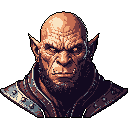 This pixel art portrait captures a stern orc bust in imposing detail, showcasing his aged skin, prominent tusks, and dark armor. The retro style adds a unique charm to this serious and ominous depiction.