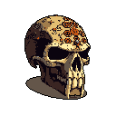 This pixel art showcases a detailed human skull adorned with intricate, reddish-orange patterns, lending it a macabre yet artistic feel. The skull, depicted in earthy tones against a black background, evokes themes of decay, history, and unsettling mystery.