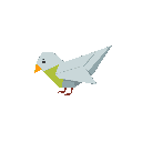 This pixel art image showcases a minimalist, origami-style bird with geometric shapes in muted grays, greens, and orange. The stylized design and simple color palette create a clean and whimsical feel.