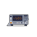 This pixel art showcases a retro-futuristic oscilloscope displaying a vibrant orange waveform on its screen. With detailed knobs and buttons, the device exudes a nostalgic, technical vibe against a stark black background.