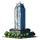 A solitary, towering skyscraper rendered in pixel art dominates the frame, its cool blues and whites sharply contrasting against a void-like background. Light and shadow play across the building's facade, emphasizing its height and creating a sense of quiet majesty above the surrounding trees.