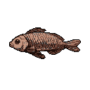 This pixel art piece features a solitary, brown and gray fish in profile, rendered in a retro style. The muted tones and dark void background create a simple, slightly melancholic image of the aquatic creature.