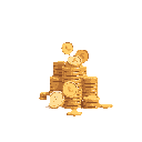 This pixel art showcases a gleaming stack of gold coins, meticulously detailed with etched designs and varying shades of gold, creating a warm and inviting image of wealth. The haphazard arrangement of the coins tumbling off the sides adds depth.