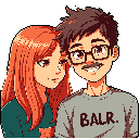 This pixel art portrait captures a warm and intimate moment between a happy couple: a woman with reddish-orange hair and a man with glasses and a "BALR." shirt. Their close proximity and gentle expressions convey affection and joy.