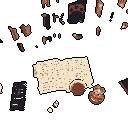 This pixel art image presents a cozy tabletop scene with an open book as the centerpiece, accompanied by a warm drink and small trinkets. The muted, earthy tones and lo-fi aesthetic evoke a sense of quiet contemplation.