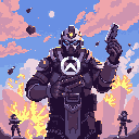 A colossal, armored robot warrior, emblazoned with a familiar logo, stands ready amidst a war-torn landscape. With glowing eyes and futuristic weaponry, this imposing figure dominates the battlefield, hinting at an epic sci-fi conflict.