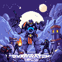 A towering, armored Reinhardt from Overwatch stands ready for battle in a rocky, futuristic landscape, flanked by armed comrades under the glow of the moon. This pixel art scene evokes a sense of epic action and sci-fi heroism.