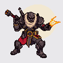 A heavily armored warrior stands ready for battle, poised to strike with a fiery mallet and unleash a burst of intense energy from their palm. The figure's stern expression and dynamic pose exude power and a hint of dark fantasy.