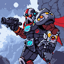 A heavily armored, futuristic soldier stands ready for action in a desolate, moonlit landscape, wielding a compact energy weapon. The figure's dark, bulky power armor is accented by vibrant red piping and glowing blue elements, hinting at advanced technology and a high-stakes mission.