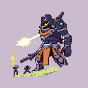 A colossal armored figure unleashes a beam of energy upon two silhouetted, human-sized characters in this pixel art image, suggesting a dramatic boss battle. The scene is punctuated by vibrant energy bursts that contrast with the figure's dark armor and pale background.