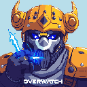 This pixel art portrait captures a powerful, armored character reminiscent of Torbjörn from Overwatch, complete with glowing blue eyes and a crackling lightning bolt emanating from his finger. The golden helmet and detailed armor, set against a simple blue backdrop, highlight the character's energetic and action-ready vibe.