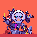 A towering lavender-grey robot with a cannon arm stands at the center of this pixel art scene, surrounded by a team of armed, smaller figures ready for action. The dynamic composition and retro-futuristic style evoke a sense of a capable and combat-focused unit.
