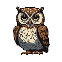 This pixel art image showcases a dignified, wise owl rendered in muted earth tones, its intense gaze capturing a sense of quiet observation. The detailed rendering brings the owl to life, emphasizing its traditional symbolism of knowledge and serenity.