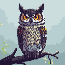 A majestic pixel art owl, rendered in detailed semi-realism, perches watchfully on a branch. Its bright, intense gaze captures a moment of serene beauty in nature.