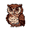 This pixel art image features a wise-looking owl, rendered in earthy browns and beiges, staring directly at the viewer. The simple, yet captivating design evokes a sense of quiet observation and retro charm.