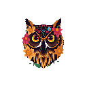 This pixel art features a vibrant, Day of the Dead-inspired owl portrait with large, captivating eyes. Floral decorations adorn its head, rendered in a warm palette of oranges, pinks, and yellows against a stark black background.