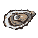 A solitary, pixelated oyster shell is presented open, revealing the bivalve within, rendered in muted, earthy tones against a stark black background. The image focuses on the natural form of the oyster with a quiet and focused vibe.