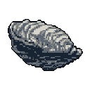 A detailed pixel art image captures the quiet stillness of a closed oyster shell, rendered in muted grays and blues. The focus is on the texture and form of the solitary shell against a stark black backdrop.
