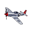 This pixel art image showcases a P-51 Mustang-inspired fighter plane in flight, rendered in cool grays with striking red and white accents. The iconic aircraft, depicted against a stark black background, evokes a sense of historical power and classic aviation design.