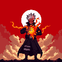 A powerful figure with spiky white hair stands against a dramatic red sky, conjuring or controlling a fiery orb of energy. The pixel art depicts a moment of intense power, with the character's focused expression and billowing coat hinting at an epic confrontation.