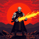 A skeletal warrior, eyes blazing red, stands ready with a glowing, serrated energy blade. Bathed in the light of a crimson sun, the undead figure exudes power and foreboding.