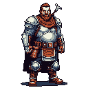 A pixel art warrior with a fiery beard stands ready, his detailed armor and determined gaze hinting at stoic strength. The muted tones of his armor are contrasted by the warm hues of his beard and scarf, creating a rugged and powerful image.