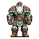 A heavily armored dwarf stands resolute, his long white beard and stern expression hinting at a life of battle and enduring vigilance. This detailed pixel art character embodies strength and stoicism in a classic fantasy style.