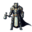 A heavily armored knight stands ready, mace in hand, radiating solemn strength in a detailed pixel art portrait. The muted color palette and imposing pose evoke a sense of foreboding and ancient power.
