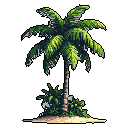 A solitary pixel art palm tree, meticulously rendered with vibrant greens and earthy browns, stands tall against a stark black background, evoking a peaceful tropical scene. Its detailed fronds and textured trunk capture the essence of a remote island paradise in classic pixel style.