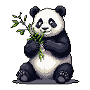A pixel art panda sits contentedly, munching on a bundle of bright green bamboo shoots. The adorable bear makes eye contact with a gentle expression in a simple, endearing scene.