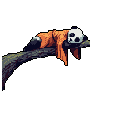 A young pixel art panda, clad in an oversized orange robe, peacefully naps on a tree branch. The serene image captures a moment of quiet repose, emphasizing the panda's relaxed posture and gentle expression.