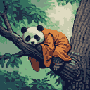 A serene pixel art image depicts a panda monk in an orange robe, peacefully napping on a thick tree branch in a lush forest. The scene evokes tranquility and a touch of whimsy, focusing on the panda's quiet introspection.