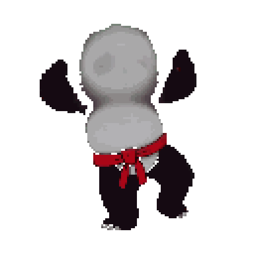 A pixelated panda strikes a karate pose, proudly displaying its red belt. The energetic stance and turned head suggest a playful readiness for action.