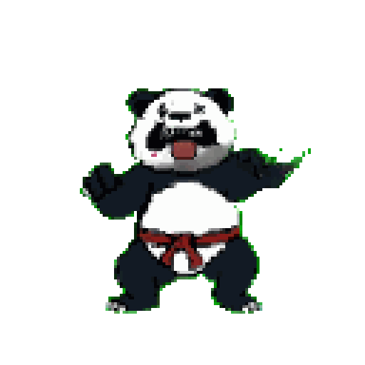 This pixel art features a fierce panda bear ready for a fight, standing upright with claws out and a red martial arts belt. The comical and energetic image showcases the panda's aggressive stance against a bright green background.