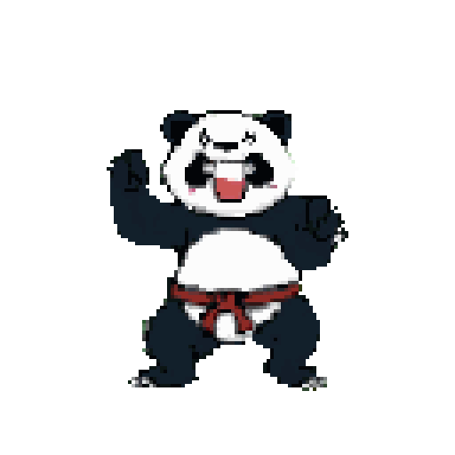 A pixel art panda, ready for a fight, stands poised with a red martial arts belt and a fierce roar. This playful image depicts the black and white bear in a classic fighting stance.