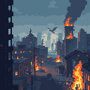 This pixel art depicts a city in ruins, with a skyscraper ablaze and a silhouetted bird flying across the desolate skyline. The image evokes a sense of destruction and despair through its muted colors and focus on the crumbling cityscape.