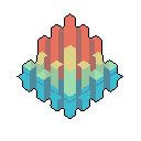 This pixel art presents an abstract, isometric cityscape of geometric prisms in cool blues, sandy yellow, and reddish-orange. The clustered structure evokes a futuristic yet nostalgic vibe with its clean lines and vibrant, slightly muted color palette.