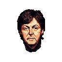 This pixel art portrait captures the iconic Paul McCartney with a contemplative expression. Rendered in warm browns against a stark black background, the image evokes a sense of nostalgia and seriousness.