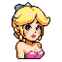This pixel art portrait captures the cheerful and nostalgic charm of Princess Peach, showcasing her bright blue eyes and signature blonde hair in a classic retro style. The cute rendering highlights her innocent expression and iconic pink dress.