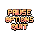 This pixel art presents a playful "PAUSE" menu with bubbly, anthropomorphic text options ("OPTIONS" and "QUIT") that have cute facial expressions. Rendered in a warm yellow and orange gradient, the design evokes a nostalgic yet modern feel.