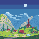 This pixel art depicts a tranquil, mountainous village under a full moon, dominated by a quaint church with a tall, red-roofed spire. The village is nestled in a valley framed by majestic, jagged mountains. The scene evokes a sense of peaceful charm and nostalgic fantasy.