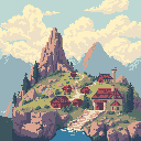 This pixel art depicts a peaceful, red-roofed village nestled on a green hill overlooking tranquil blue waters. Towering mountains and fluffy clouds create a serene, fantasy-inspired backdrop for this idyllic community.