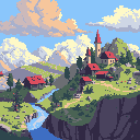 This pixel art depicts a peaceful village with red-roofed houses nestled on a green hillside, highlighted by a church spire. The idyllic scene is set against a backdrop of winding rivers and majestic, snow-capped mountains.