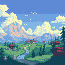 This pixel art image captures a peaceful village nestled in a verdant valley, framed by towering, snow-dusted mountains and a bright, cloud-filled sky. The scene evokes a sense of tranquility and the idyllic beauty of a classic fantasy landscape.